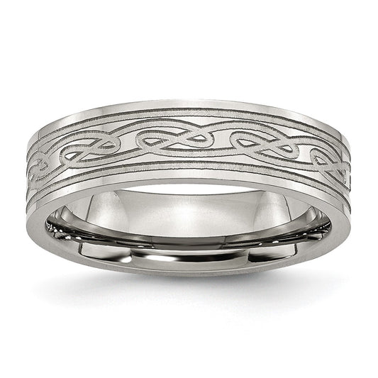 Stainless Steel Brushed Celtic Laser Etched 6mm Flat Band Size - 7.5
