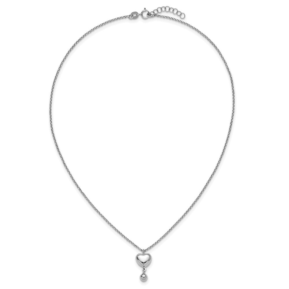 Sterling Silver Rhodium-plated Polished Puffed Heart and Ball Dangle 16 inch with 1 inch Extender Necklace 16 Inches
