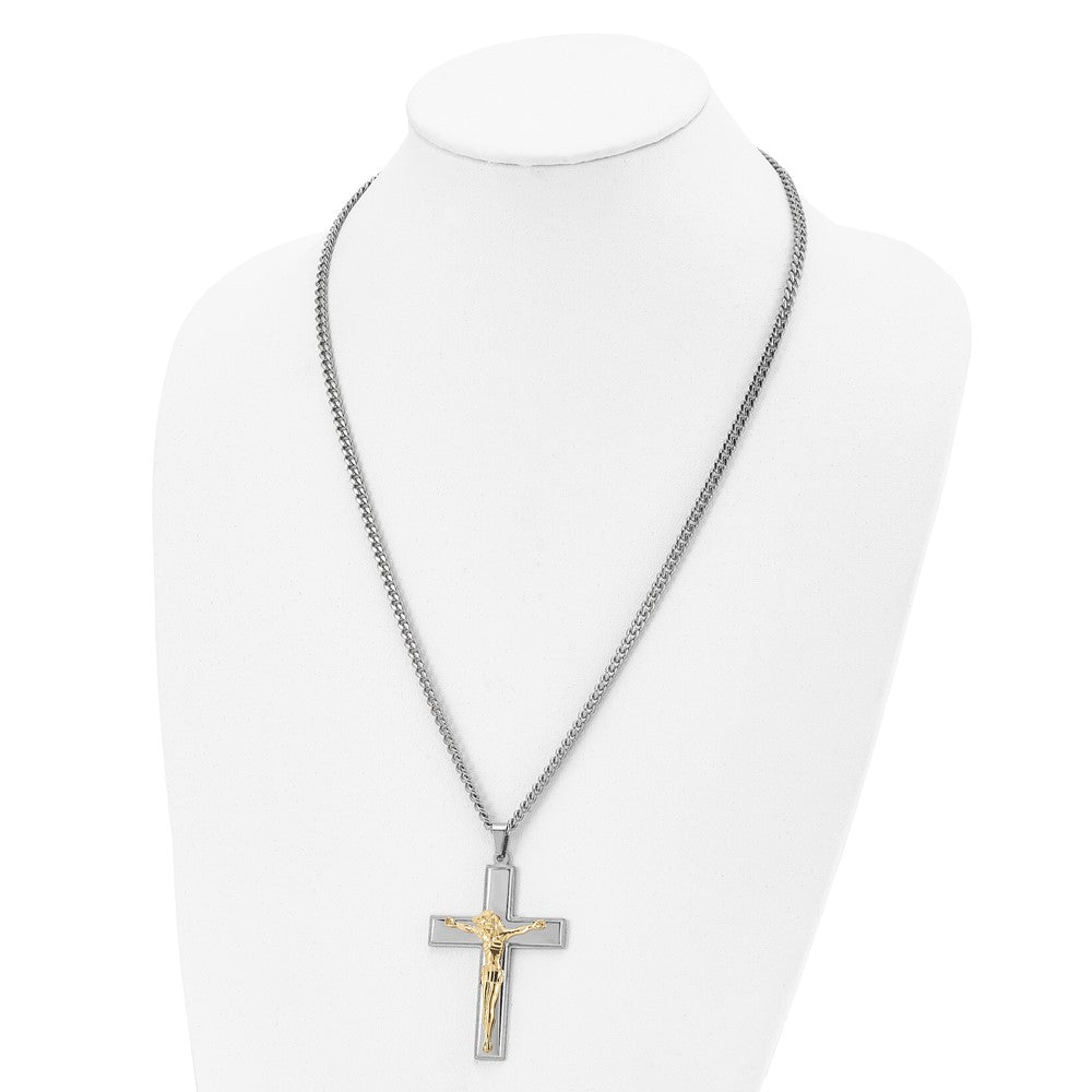 Stainless Steel Polished Yellow IP-plated Crucifix 24in Necklace