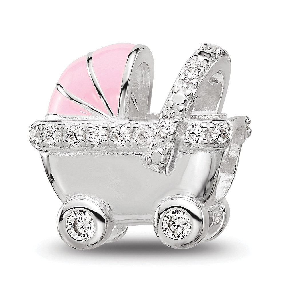 Sterling Silver Reflections Rh-plated Pink Enamel & CZ Stroller Bead