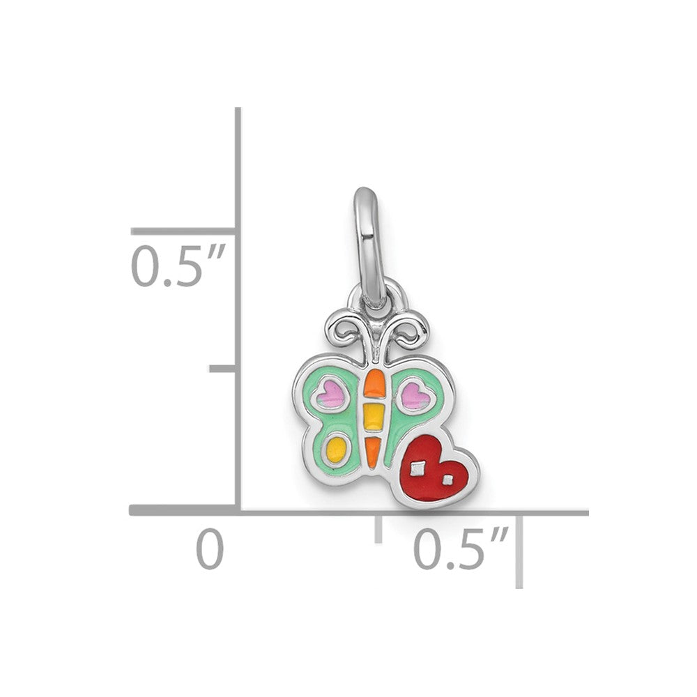 Sterling Silver Rhodium-plated Polished Green/Yellow/Orange/Red Enamel Butterfly And Heart Childrens Pendant