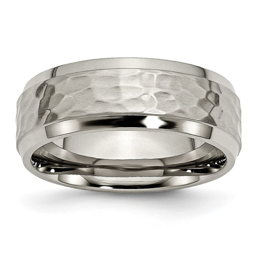 Titanium Polished and Hammered 8mm Beveled Edge Band Size - 13