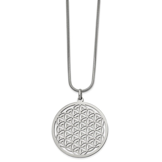 Stainless Steel Polished Flower Cut-out Large Circle 20 inch Necklace