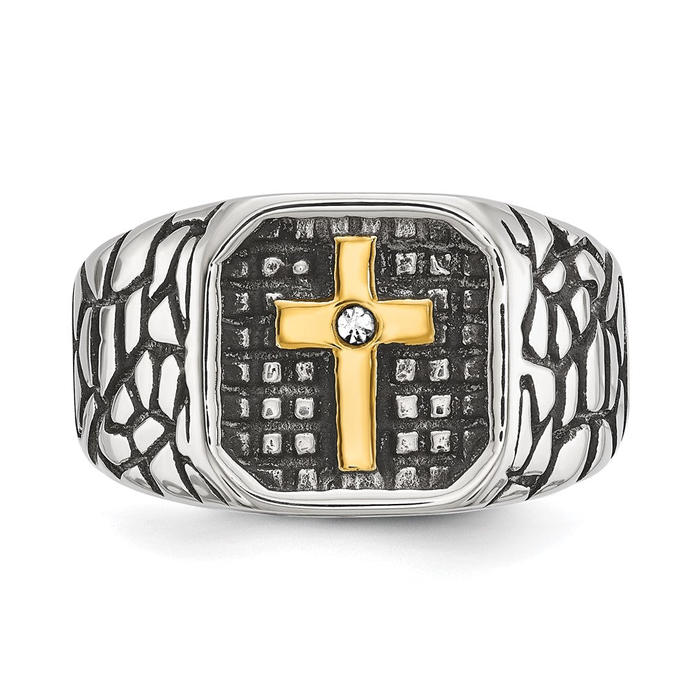 Chisel Stainless Steel Antiqued and Polished Yellow IP-plated with CZ Cross Signet Ring Size - 11