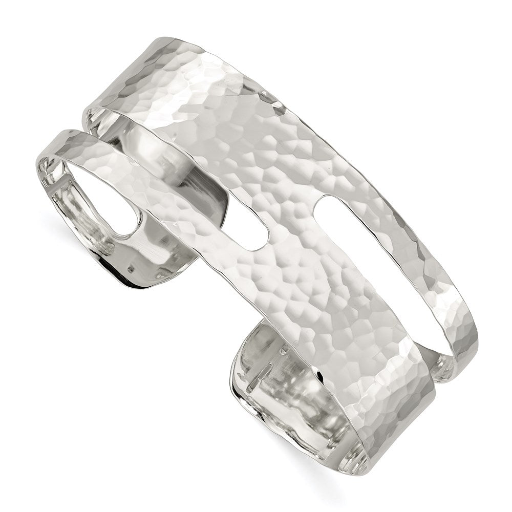 Sterling Silver Solid Polished Hammered Fancy Cuff Bangle Bracelet 8 inches