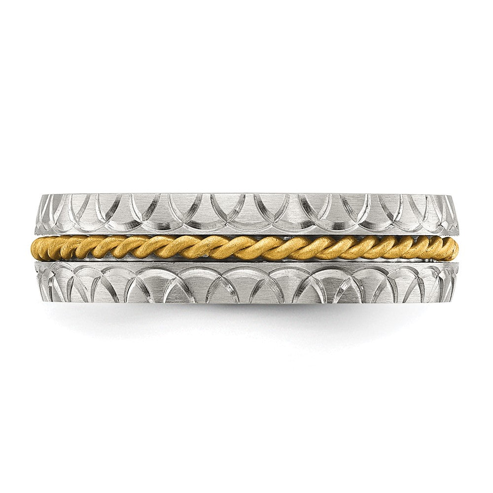 Chisel Stainless Steel Brushed, Polished and Textured Yellow IP-plated Center 6mm Band Size - 10