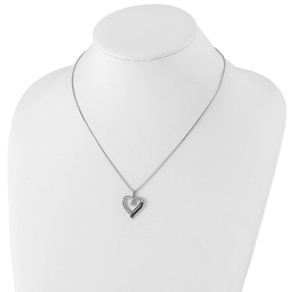 White Night Sterling Silver Rhodium-plated Black and White Diamond Heart 18 Inch Necklace with 2 Inch Extender 18 Inches