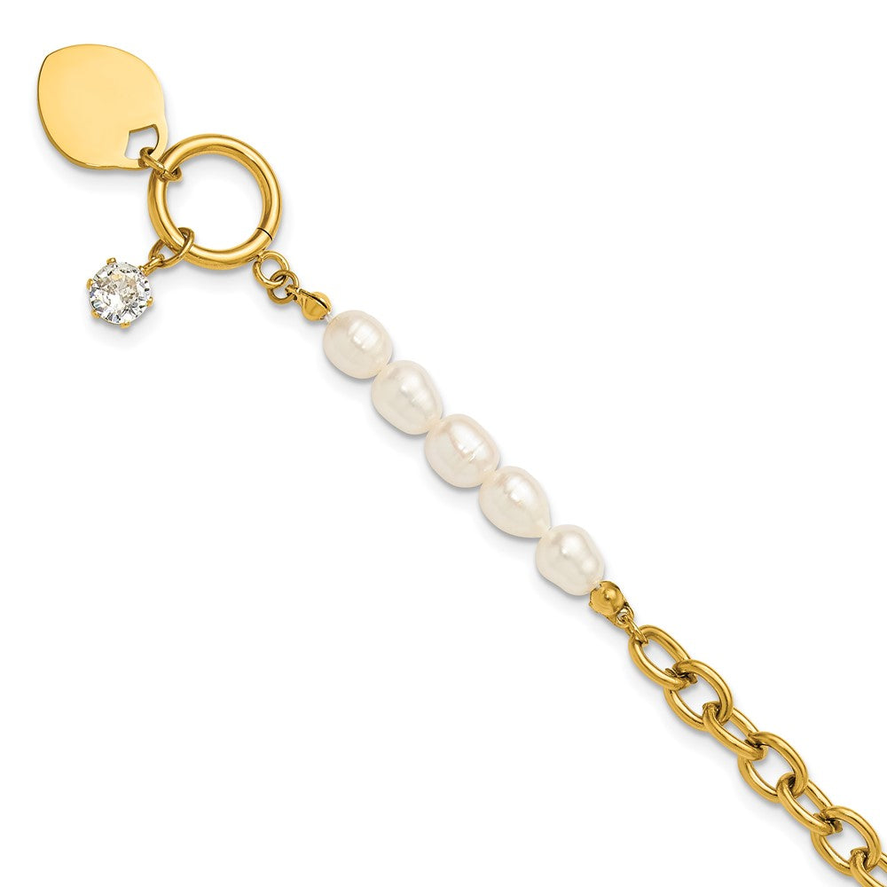 Chisel Stainless Steel Polished Yellow IP-plated with Half White Freshwater Cultured Pearl and CZ Heart Dangle 8.25 inch Bracelet 8.25 inches