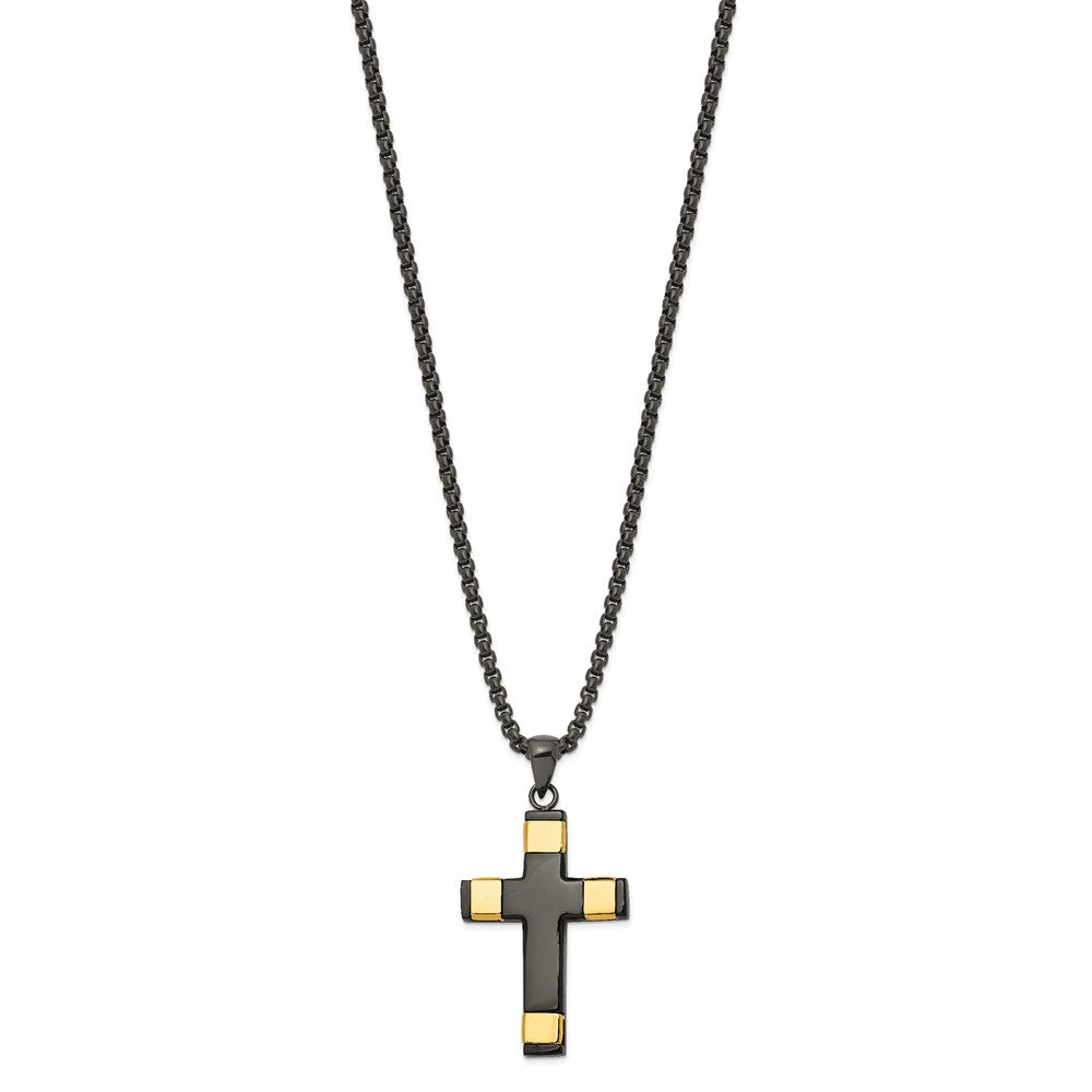 Stainless Steel Polished Black and Yellow IP Cross 19.75in Necklace