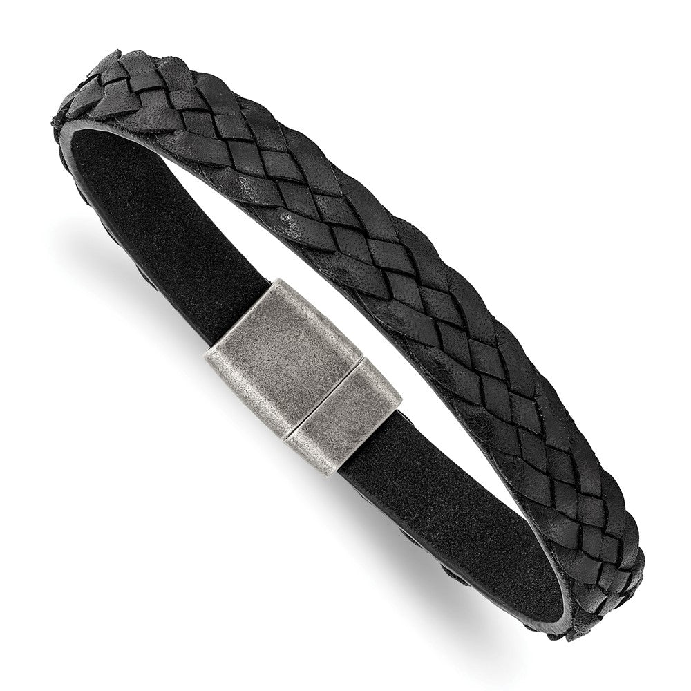 Stainless Steel Antiqued Black Braided Leather 8.25in Bracelet 8.25 inches