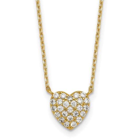 Sterling Silver Gold-tone Polished Pave CZ Heart 16 Inch with 2 Inch Extension Necklace 16 Inches