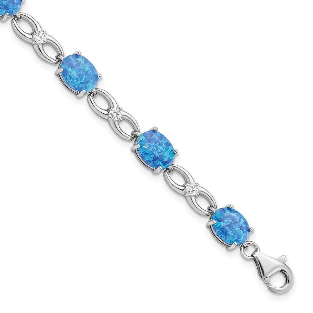 Sterling Silver Rhodium-plated Polished Blue Created Opal & CZ Bracelet 7.25 inches