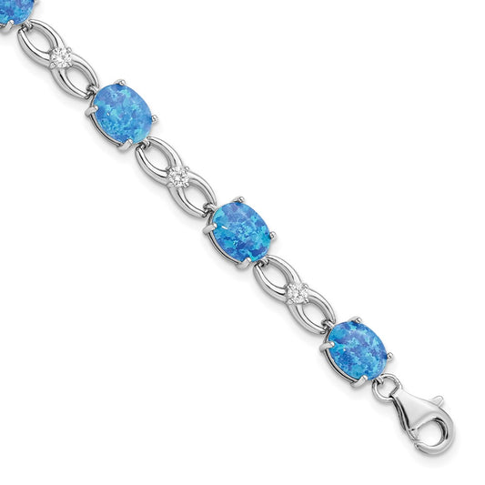 Sterling Silver Rhodium-plated Polished Blue Created Opal & CZ Bracelet 7.25 inches