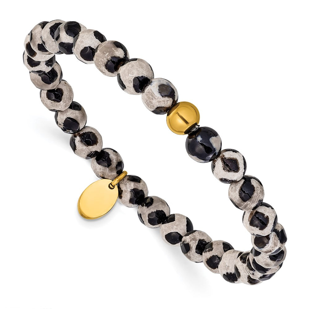 Chisel Stainless Steel Polished Yellow IP-plated 6mm Black Spot Agate Beaded 6.25 inch Stretch Bracelet 6.25 inches