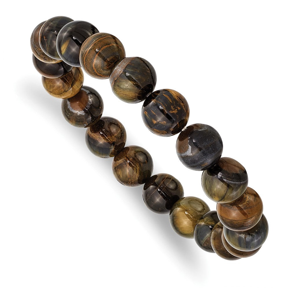 Blue and Yellow Tiger's Eye Agate Beaded Stretch Bracelet 6.75 inches