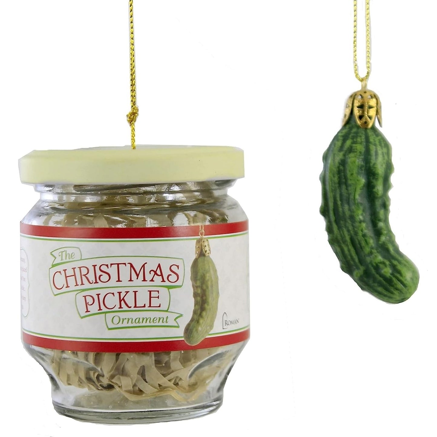 Roman 2-Piece Exclusive Christmas Pickle and Decorated Glass Jar Hanging Ornament, 1.5-Inch