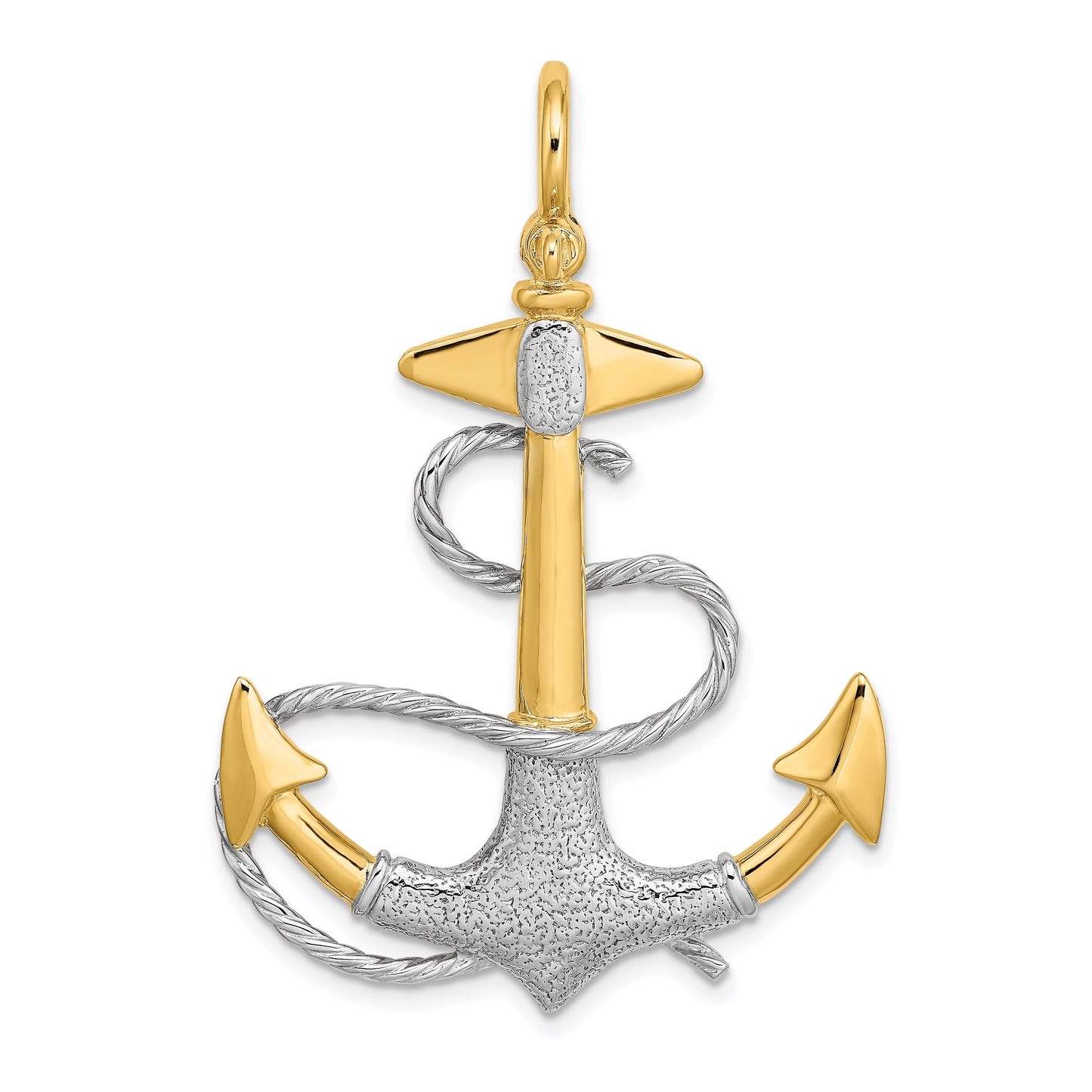 14Kw/Rhodium 3-D Anchor w/White Rope Shackle Bail Charm