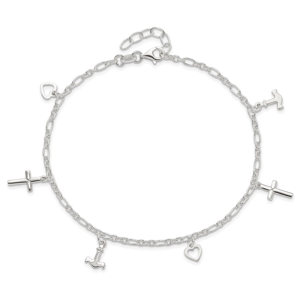 Sterling Silver Cross Heart and Anchor 9in Plus 1in ext Anklet 10 inches