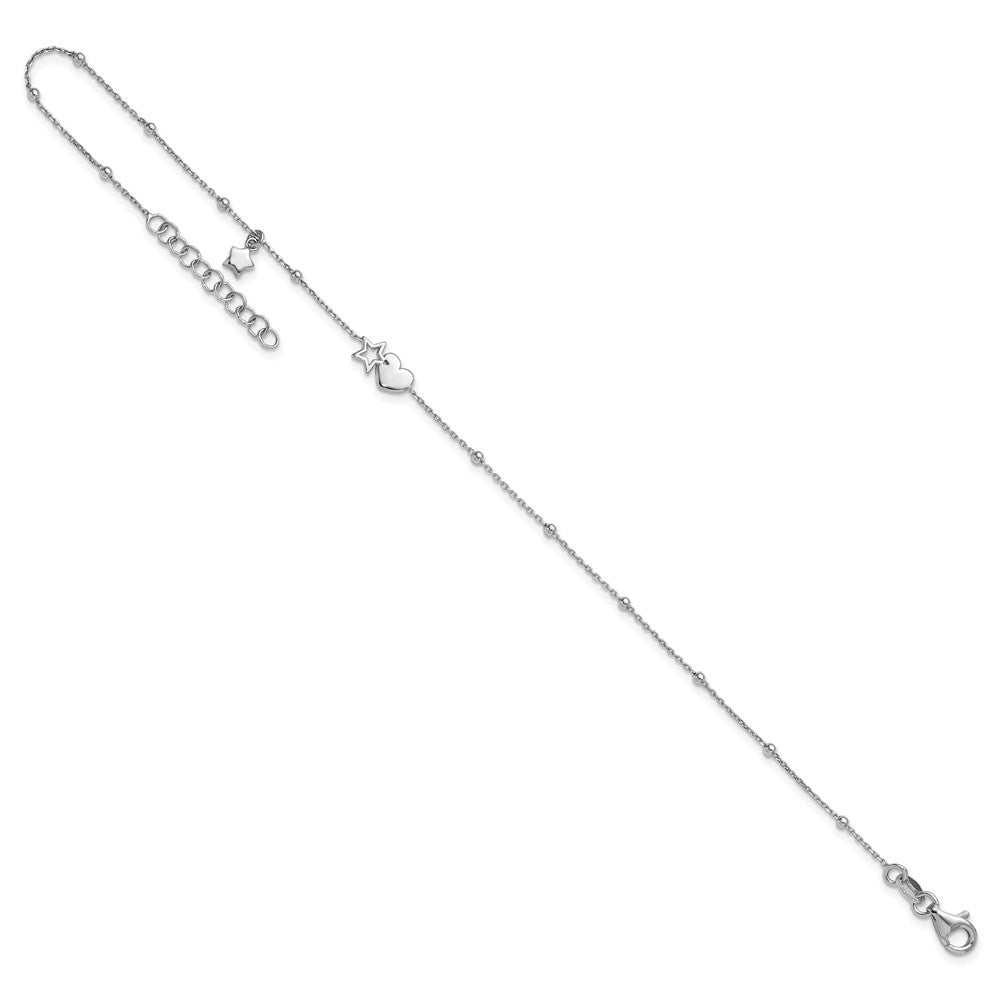 Sterling Silver Rhodium-plated Heart and Stars with Beads 9 inch with 1 inch Extension Anklet