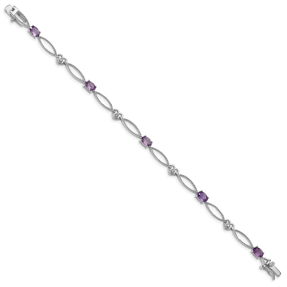 Sterling Silver Rhodium-plated Diamond & Amethyst Oval D/C Bracelet 7 inches
