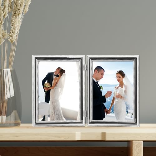 Lawrence Frames 5x7 Hinged Double (Vertical) Metal Picture Frame Silver-Plate with Delicate Beading