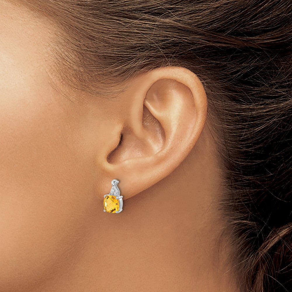 14K White Gold Checkerboard Citrine and Diamond Earrings