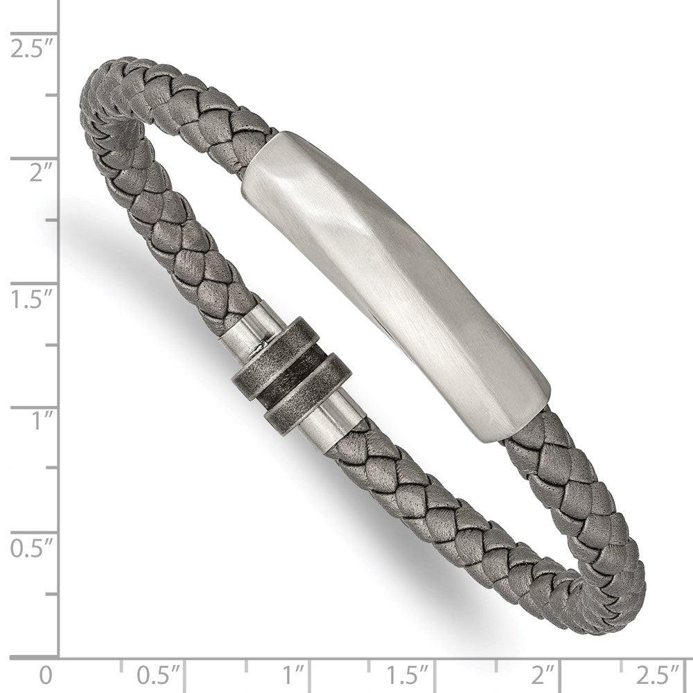 Stainless Steel Antiqued and Brushed Grey Leather 8.25in Bracelet 8.25 inches