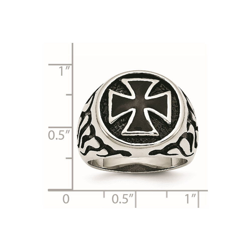 Stainless Steel Antiqued Polished & Textured Black IP-plated Cross Ring Size - 12