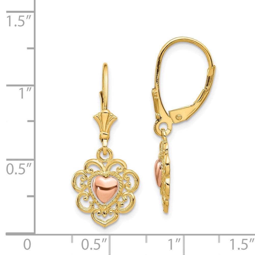 14K Two-tone Heart with Lace Trim Leverback Earrings