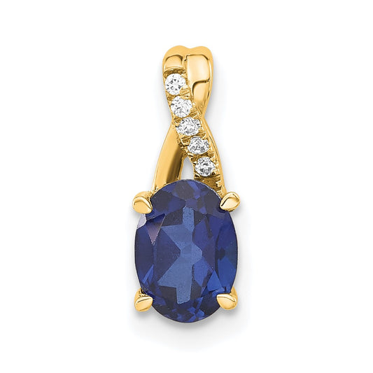 14K Oval Created Sapphire and Diamond Pendant
