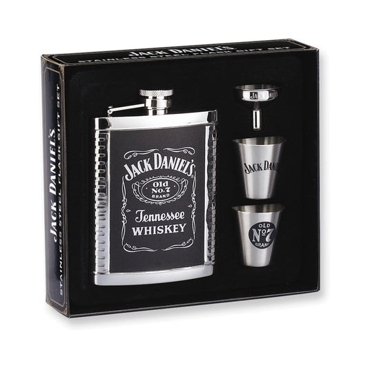 Jack Daniels Leather & Stainless Steel 6oz Cover Flask Gift Set