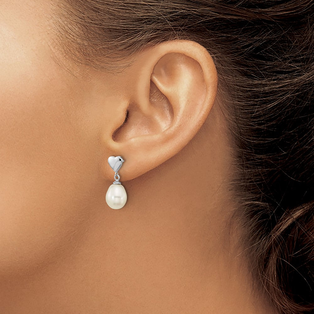 Sterling Silver Rhodium-plated 7x9mm White Teardrop Freshwater Cultured Pearl Heart Post Dangle Earrings