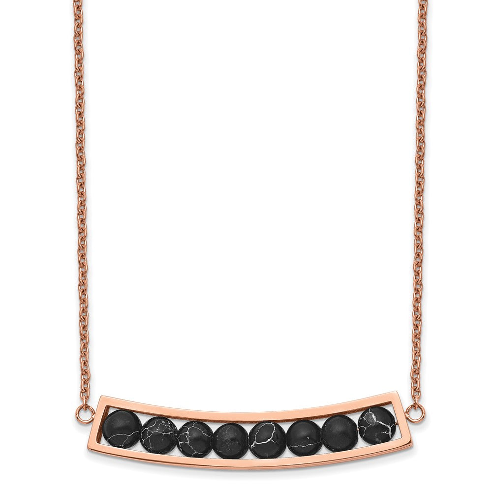 Stainless Steel Polished Rose IP w/Black Grain Stone  w/2in ext Necklace