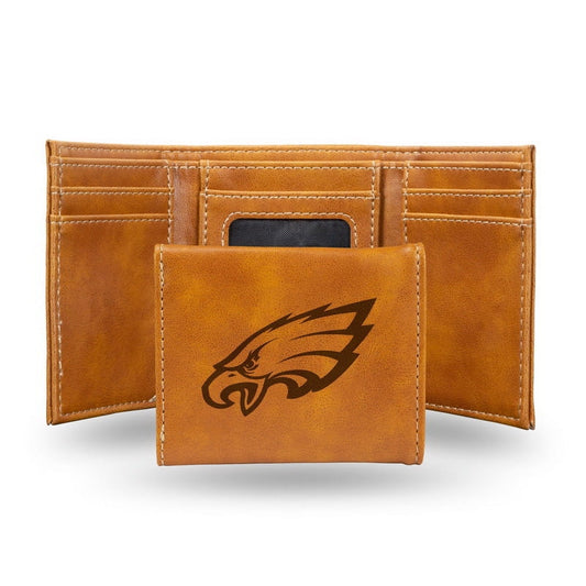 Football Rico Industries Philadelphia  Brown Laser Engraved Trifold Laser Engraved Tri-Fold Wallet - Men's Accessory