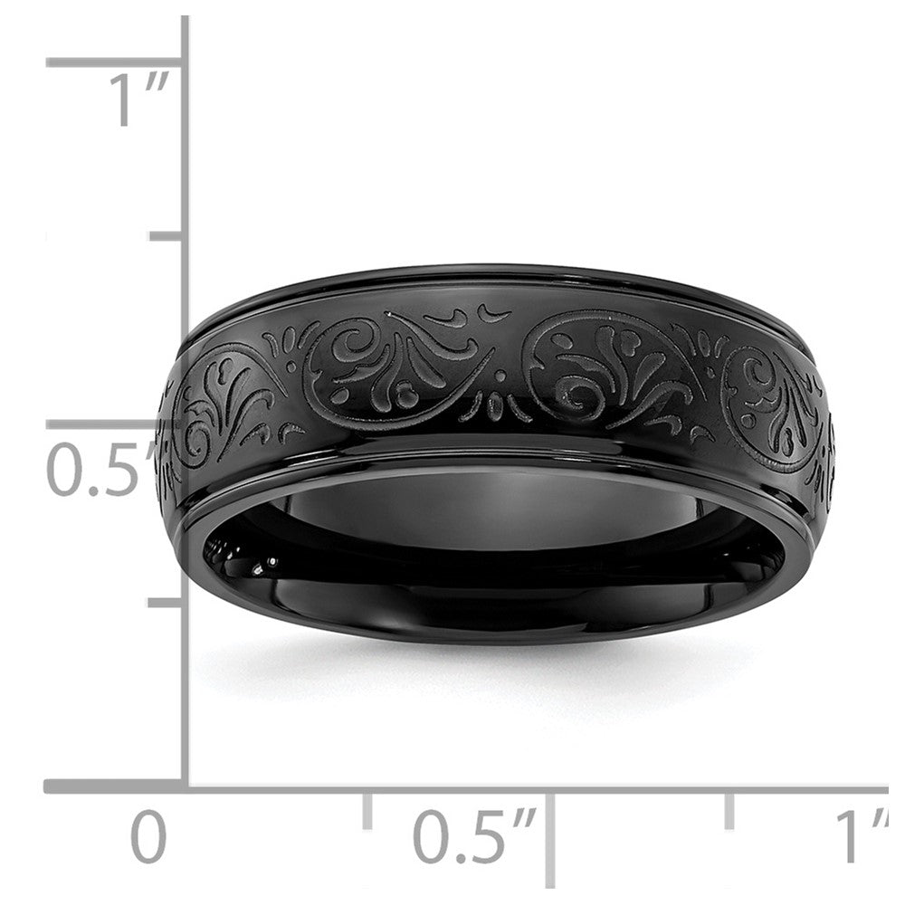 Stainless Steel Polished Black IP Etched Design Ridged Edge 7.5mm Band Size - 11