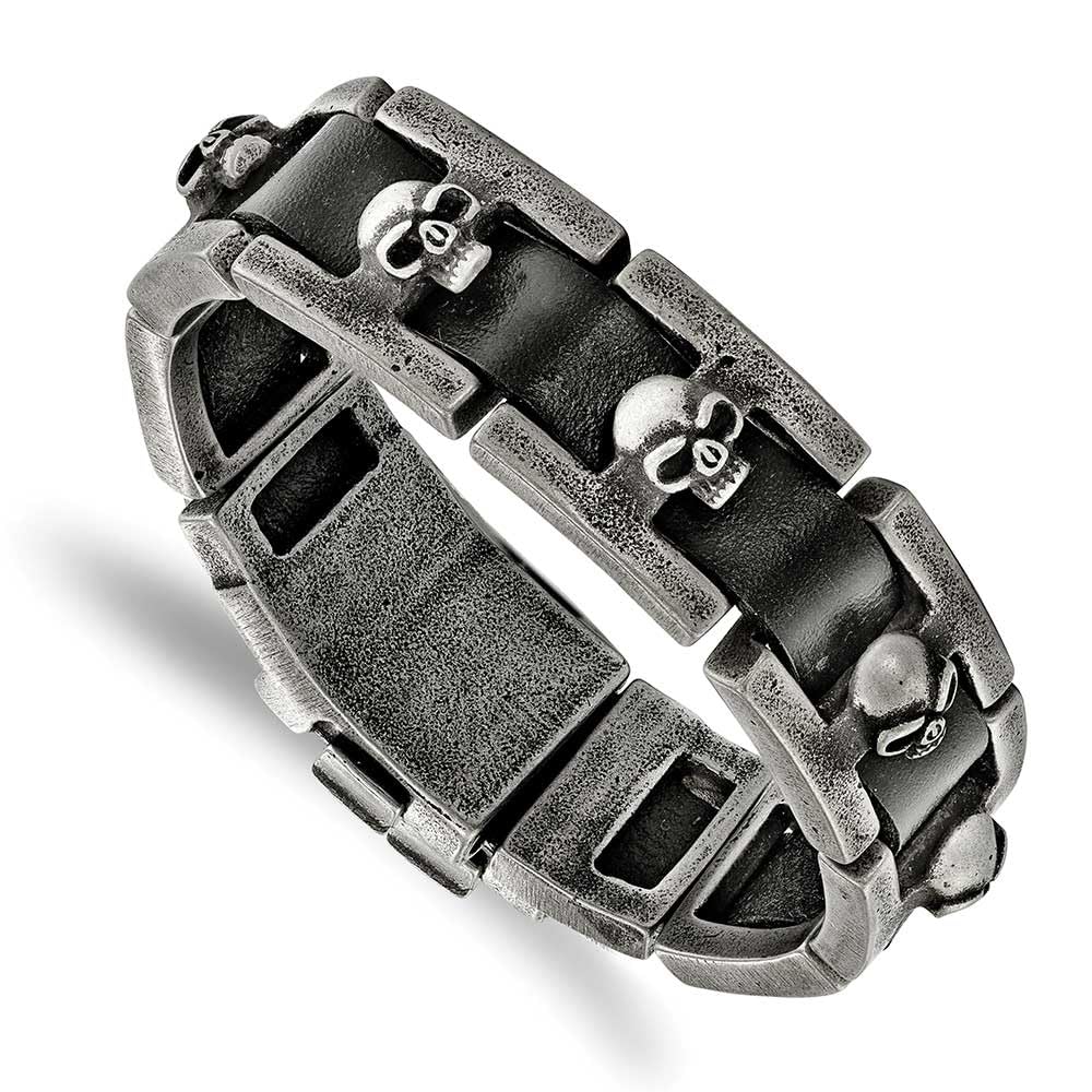 Stainless Steel Antiqued and Brushed Skull Black Leather 9in Bracelet 9 inches