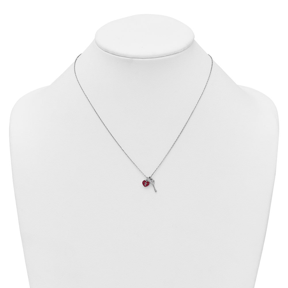 Sterling Silver Rhod-plat Enamel Heart Lock w/Key 16in w/1in ext Necklace 16 Inches