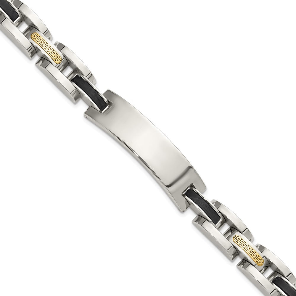 Chisel Stainless Steel Polished with 14K Gold Accent and Onyx 8.75 inch ID Link Bracelet 8.75 inches