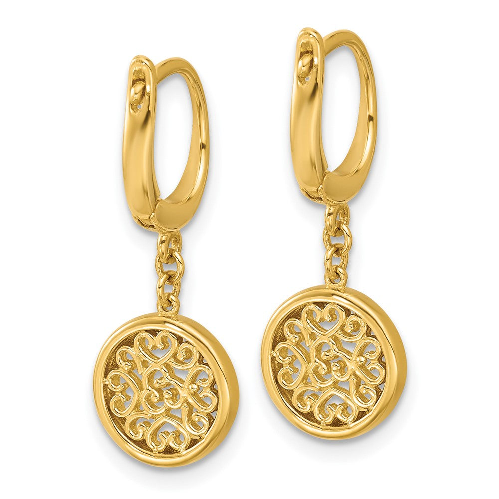 14K Polished Fancy Filigree Circle Leverback Dangle Earrings