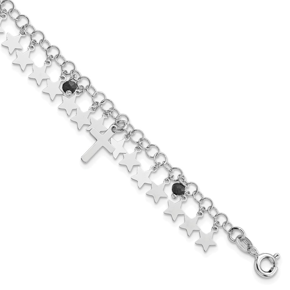 Sterling Silver Rhod-plated Black Crystal Cross and Star w/ 1.25in ext. Bra