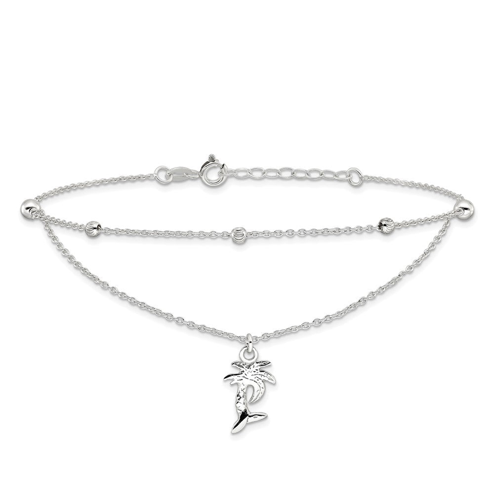 Sterling Silver Polished 2-Strand Palm Tree 9in Plus 1in Ext Anklet 9 inches