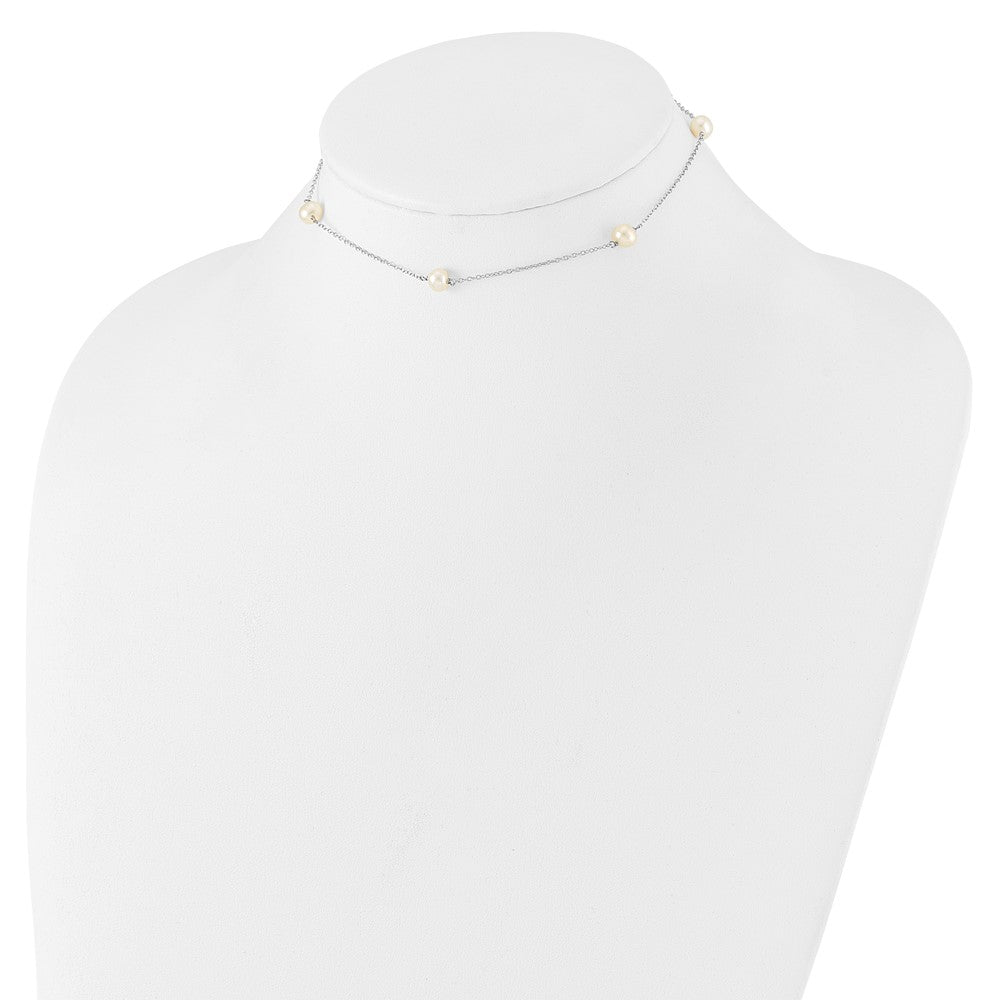 Sterling Silver Rhodium-plated 5-5.5mm White Semi-Round Freshwater Cultured Pearl 5-Station Children's 12 inch Necklace 12 Inches