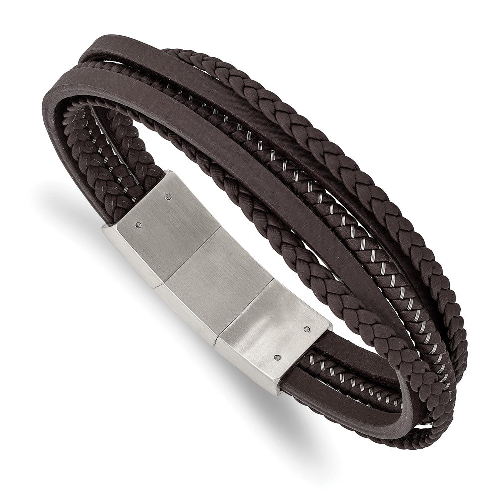 Stainless Steel Brushed Brown Braided Leather & Wire w/.5in ext Bracelet