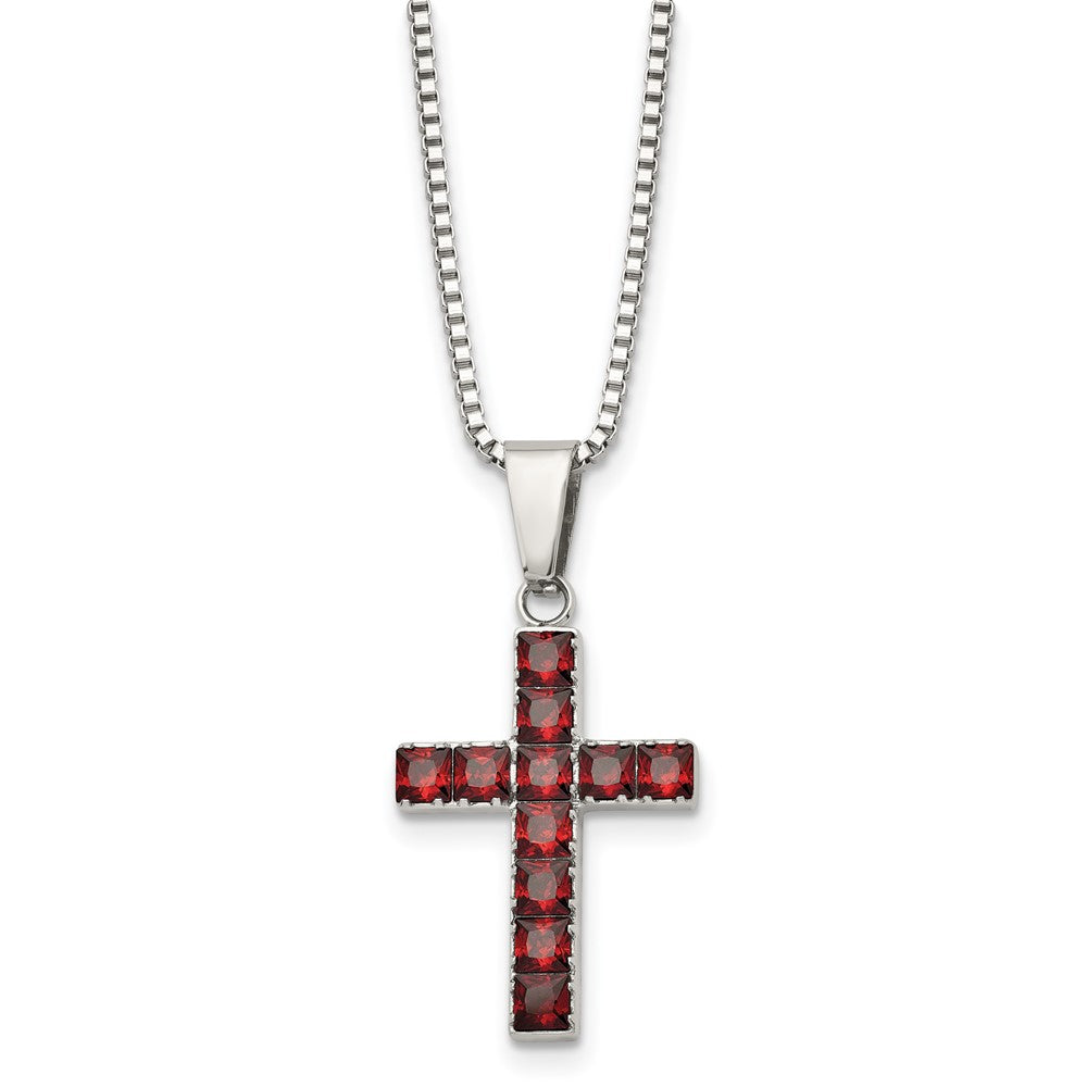 Stainless Steel Polished w/Red Square CZ Cross 18in Necklace