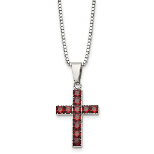 Stainless Steel Polished w/Red Square CZ Cross 18in Necklace