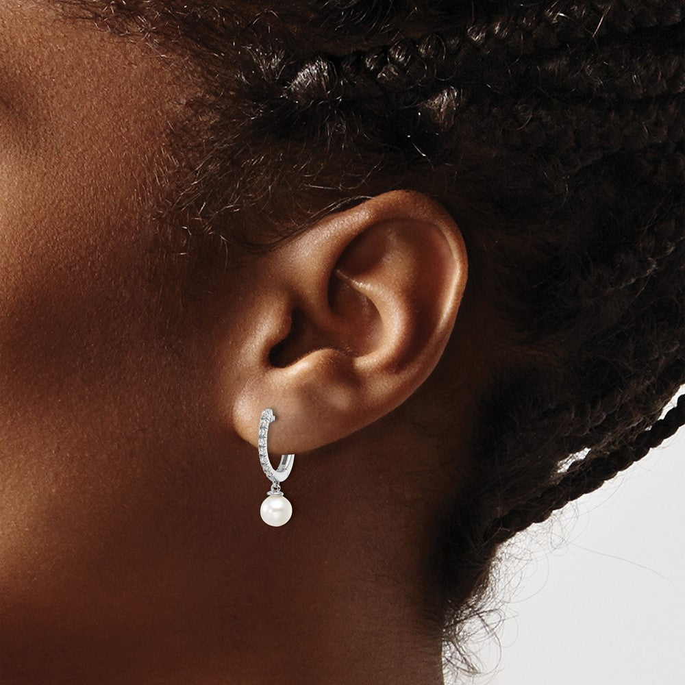 14K White Gold 1/10 Carat Lab Grown Diamond VS/SI+ G+ & 5.50mm Freshwater Cultured Pearl Complete Hinged Hoop Earrings