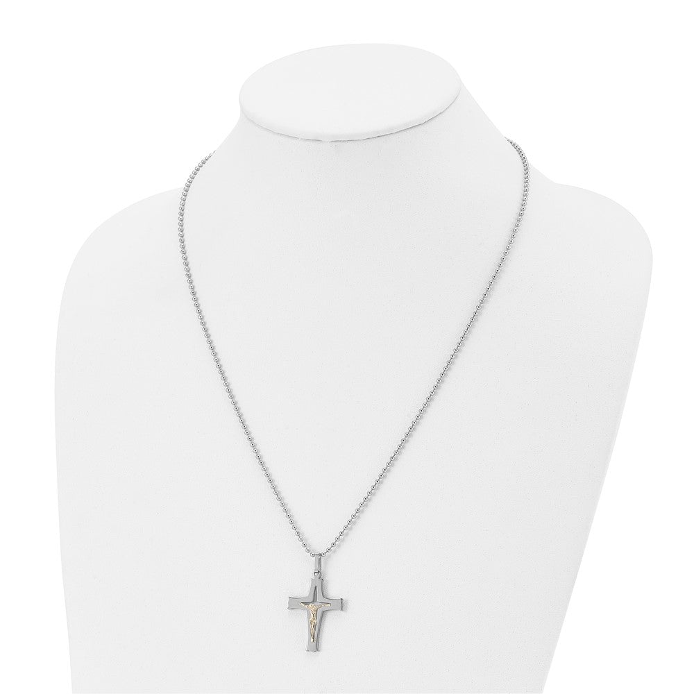 Stainless Steel Polished w/14k Gold Accent Crucifix 22in Necklace