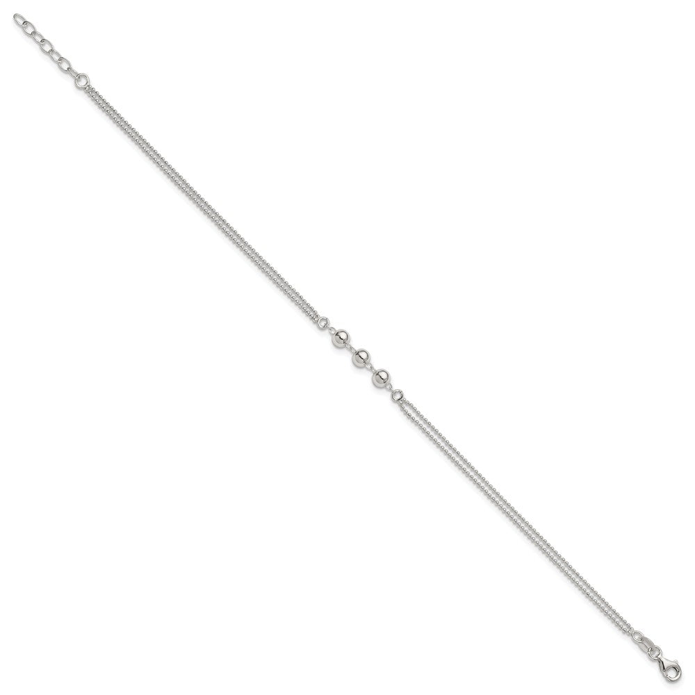 Sterling Silver Polished Beaded Double Strand 9 inch with 1 inch Extension Anklet