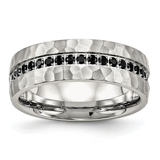 Stainless Steel Brushed and Hammered w/Black CZ 7.5mm Band Size - 7