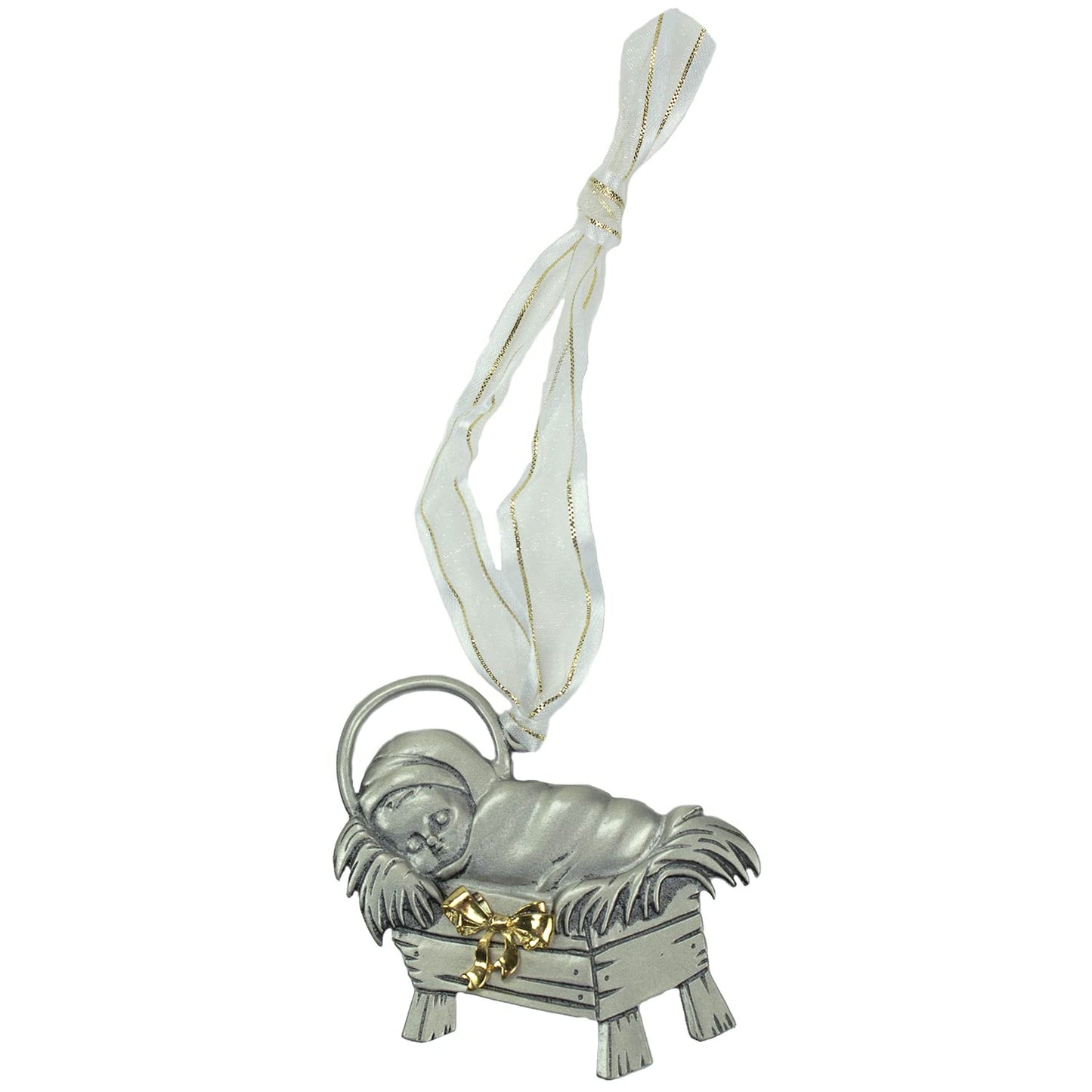 Cathedral Art CO948 Give Gift of Jesus Ornament Silver Enamel Finish on White Ribbon Gift Boxed